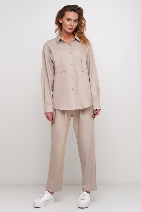 Обьемная бежевая рубашка с карманами2947 купить